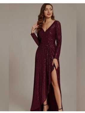 Ever Pretty Long Sleeve Burgundy Sequin Dress Evening asymmetrical hem 18